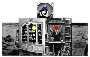 John Baldessari - Seashells/Tridents/Frames, 1988, five black and white photographs with oil tint and vinyl paint