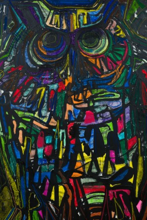 Thomas Houseago - Large Owl (Cosmic Rainbow), 2016-2017, graphite, chalk, woodless colored pencil, pastel, oil pastel, charcoal, acrylic and oil paint on canvas over board