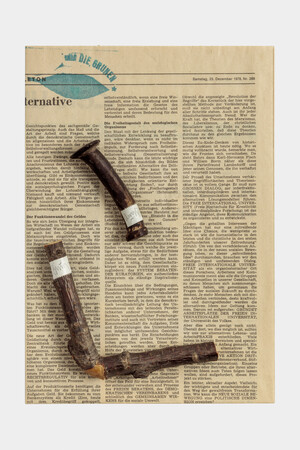 Joseph Beuys - Aufruf zur Alternative, 1980, page of Frankfurt Rundschau newspaper, stamped; bronze object; and branch with beeswax, in cardboard box