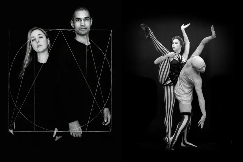 collaged image of two people standing side-by-side and two performers in motion